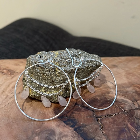 Anthropologie Rose Quartz Sterling Silver Circle Dangling Earrings NWOT - Picture 1 of 3